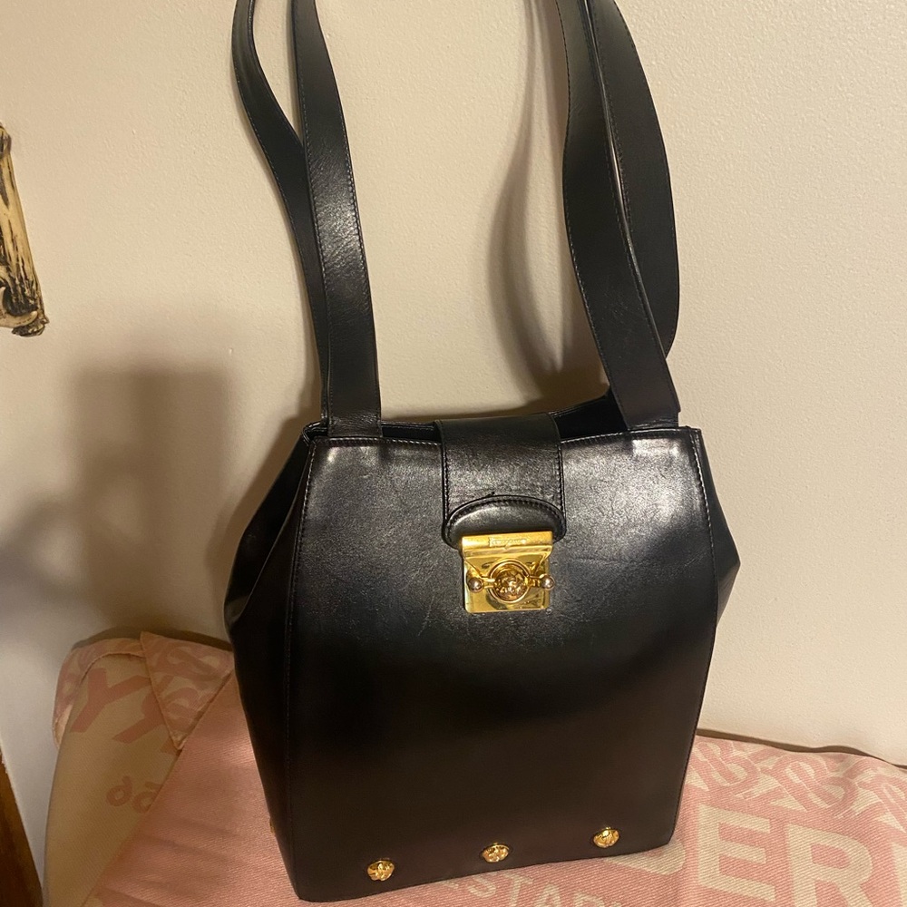 Salvatore Ferragamo Black Leather Shoulder Bag with Gold Accents. New